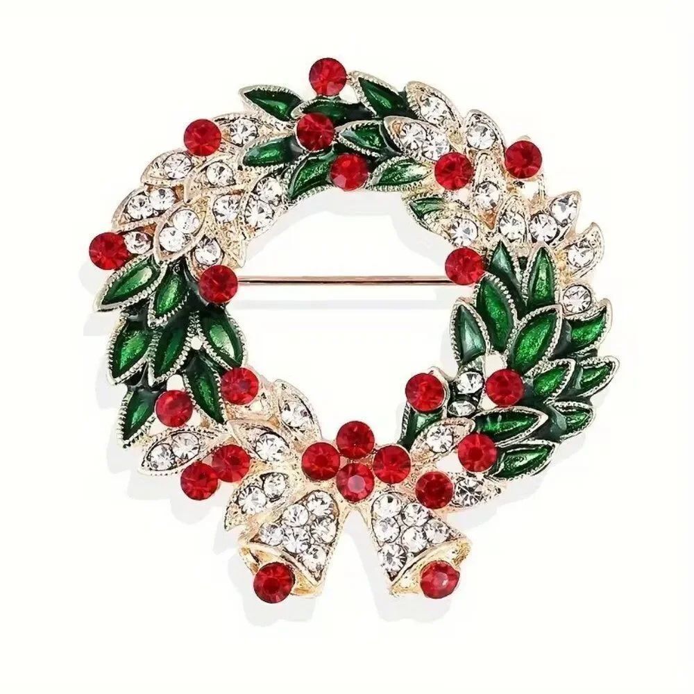 Christmas Holiday Festive Bell Brooch with Rhinestone and Green Enamel Leaf